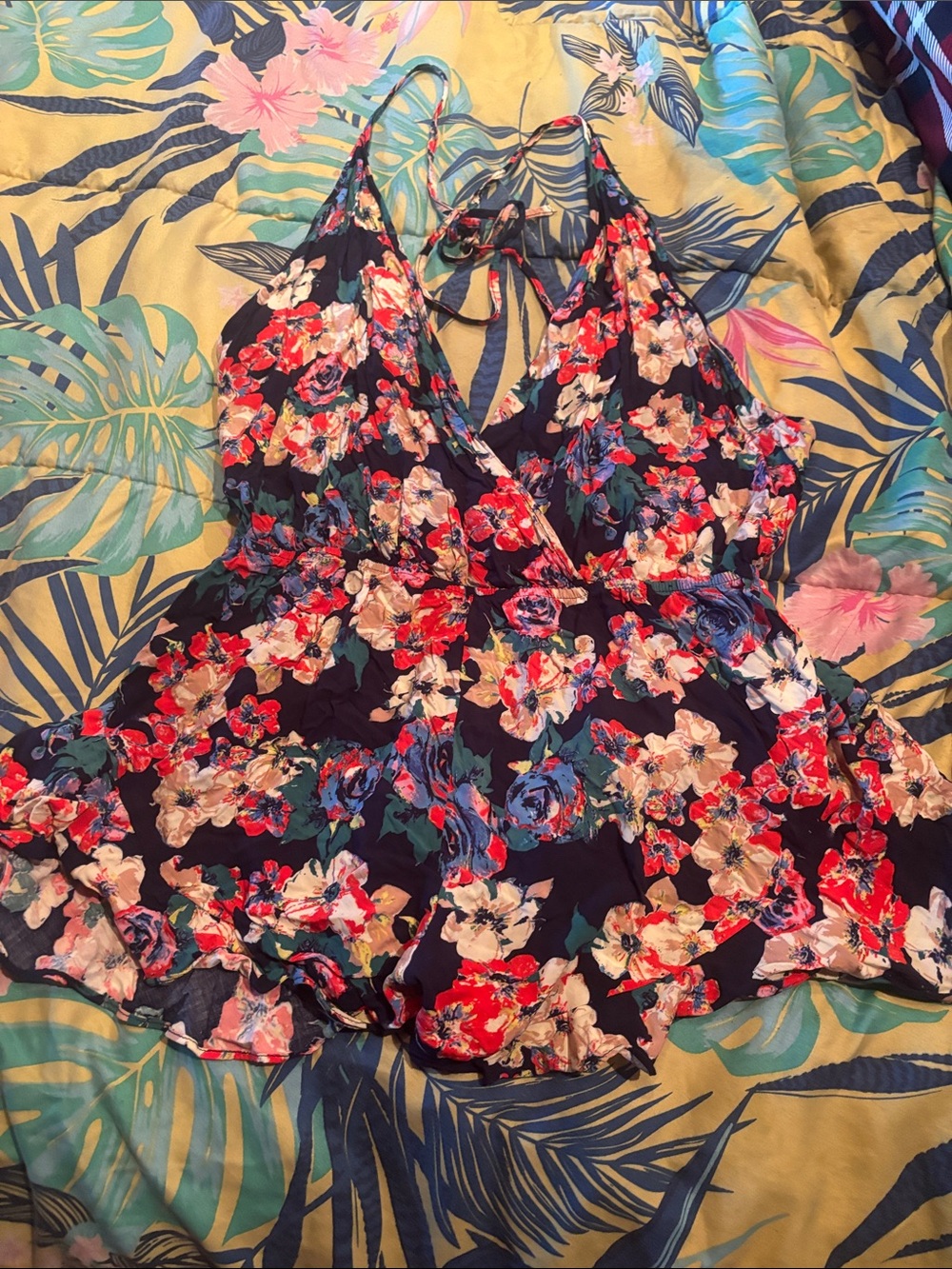 Navy Floral Women's Romper with Tie-Back